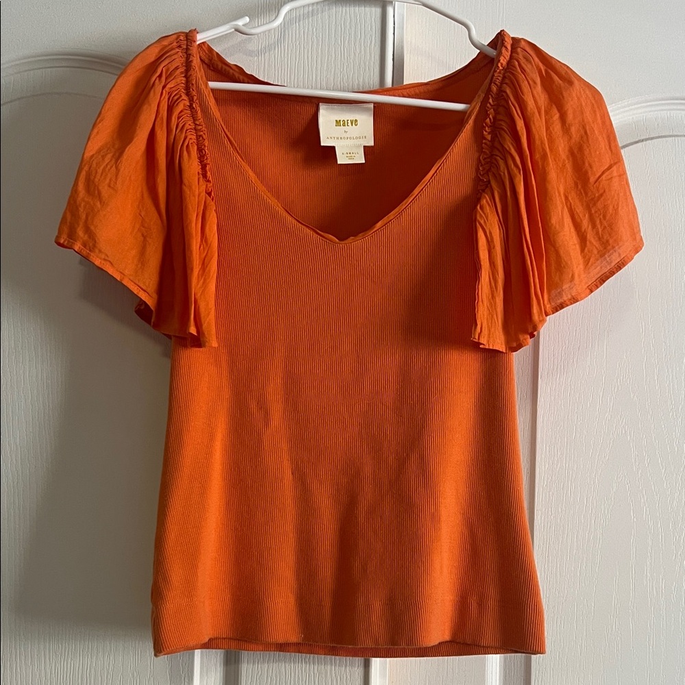 Maeve by Anthropologie Orange Flutter Sleeve Blouse